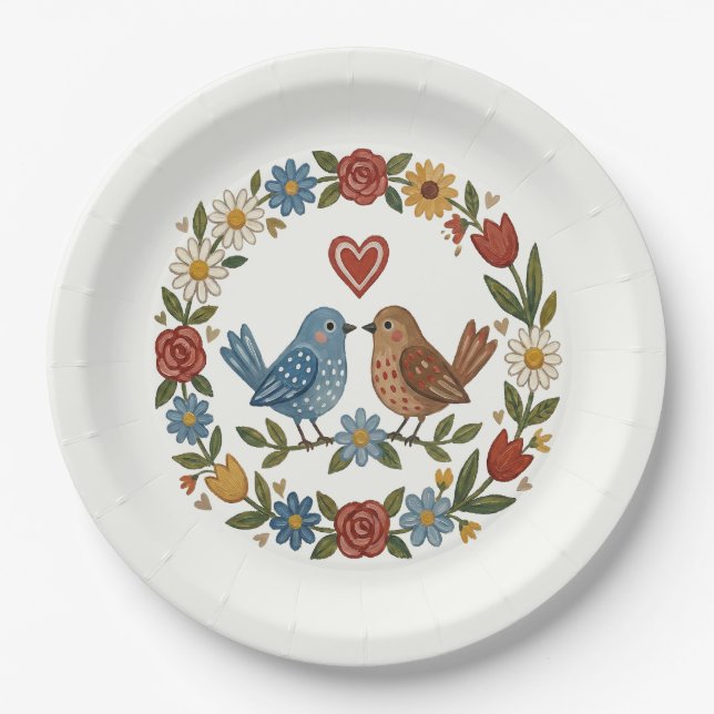 Whimsical Folk Art Birds & Floral Wreath Wedding Paper Plate (Front)
