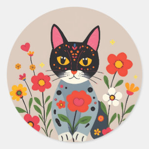 Whimsical Folk Art Black Cat and Flowers Classic Round Sticker
