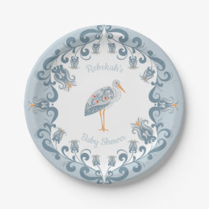 Whimsical Folk Art Blue Baby Shower Paper Plate