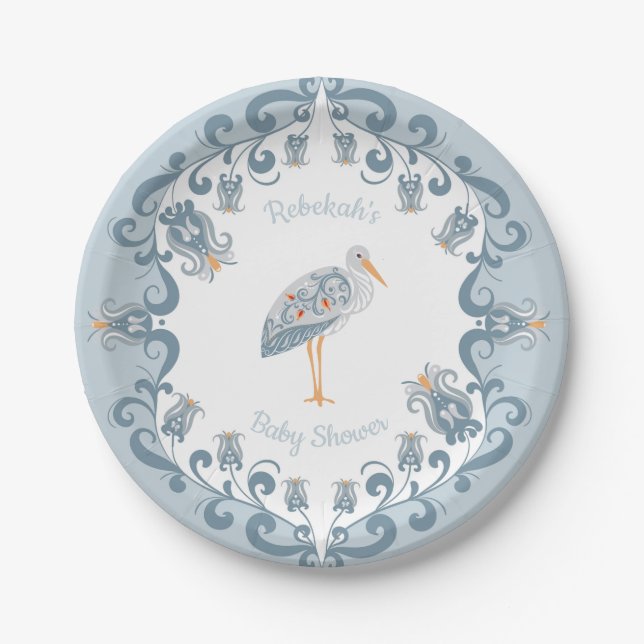 Whimsical Folk Art Blue | Baby Shower Paper Plate (Front)
