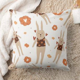 Whimsical Folk Art Bunny Character Seamless  Cushion