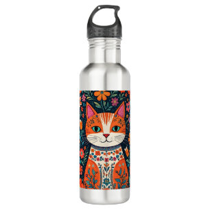 Whimsical Folk Art Cat and Flowers 710 Ml Water Bottle