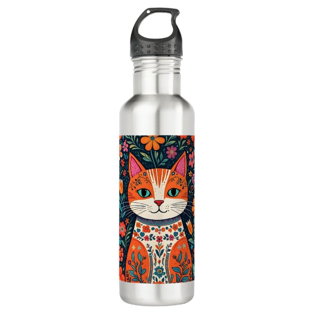 Whimsical Folk Art Cat and Flowers 710 Ml Water Bottle (Front)