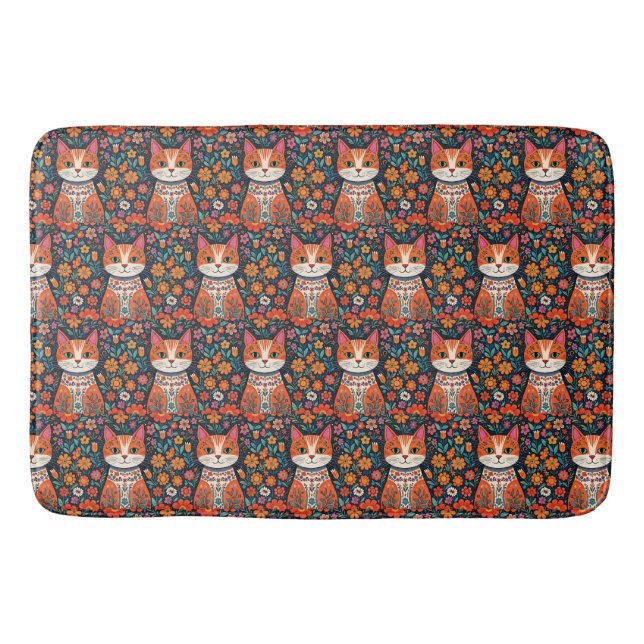 Whimsical Folk Art Cat and Flowers Bath Mat (Front)