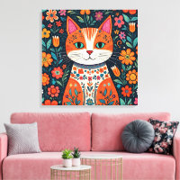 Whimsical Folk Art Cat and Flowers