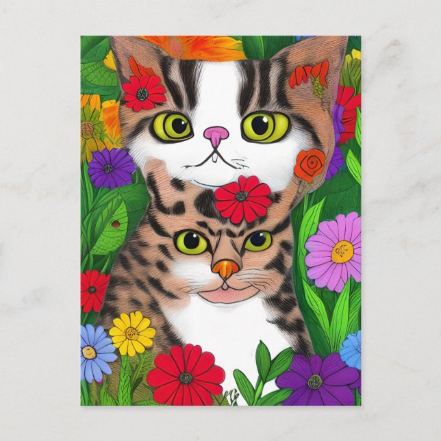 Whimsical Folk Art Cat and Flowers Postcard (Front)