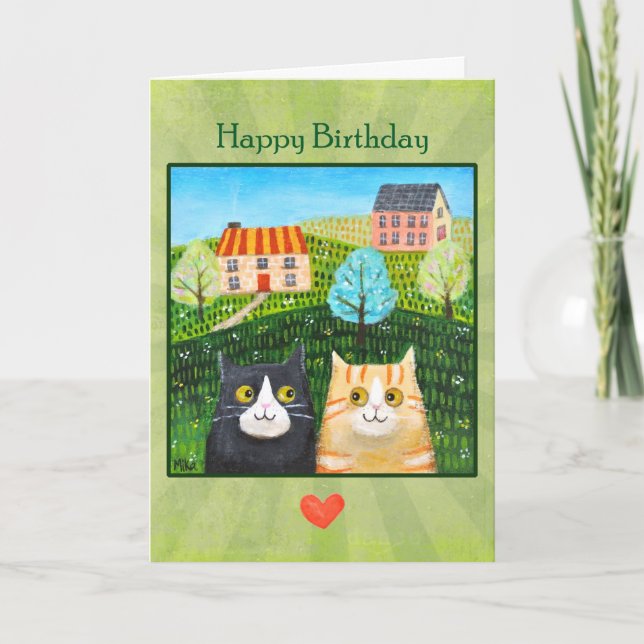 Whimsical Folk Art Cats Custom Message birthday  Card (Front)