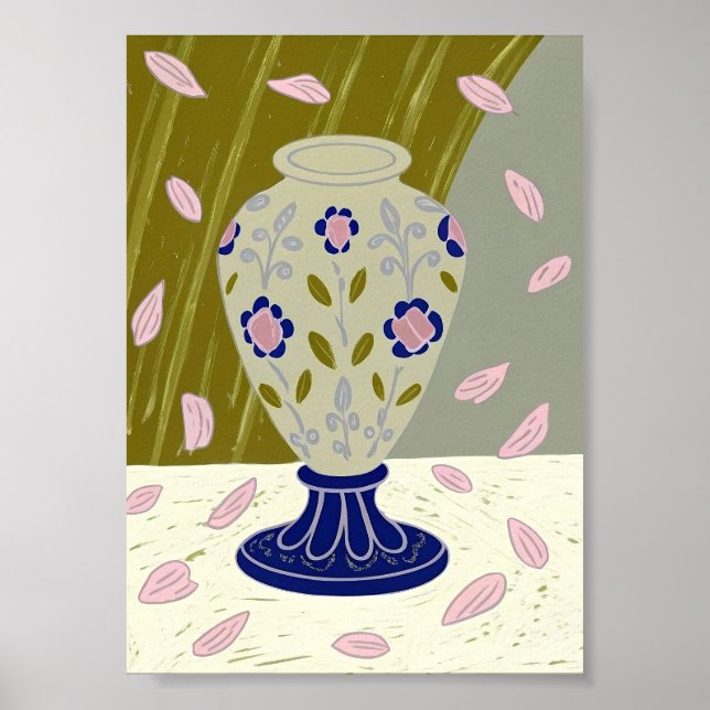 Whimsical Folk Art Ceramic Vase with Falling Pink  Poster (Front)