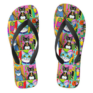 Whimsical Folk Art Colourful Cats Jandals