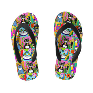 Whimsical Folk Art Colourful Cats Kid's Jandals