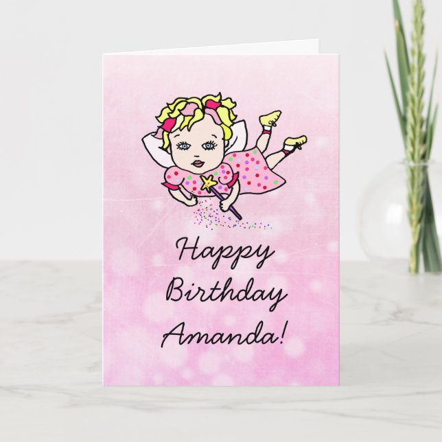Whimsical Folk Art Fairy Girl Happy Birthday Card (Front)