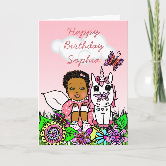 Whimsical Folk Art Fairy Girl Happy Birthday Card (Front)