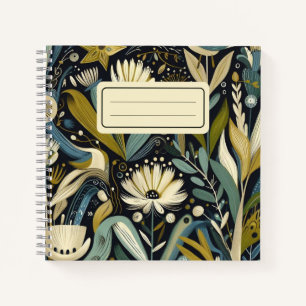 Whimsical Folk Art Floral & Bird Teal Wildflowers Notebook