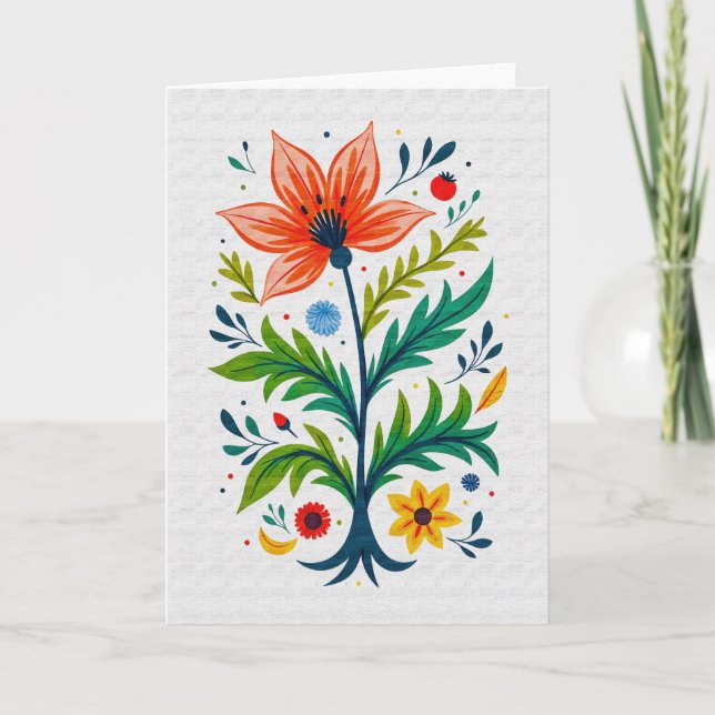 Whimsical Folk Art Floral Tree Botanical Card (Front)
