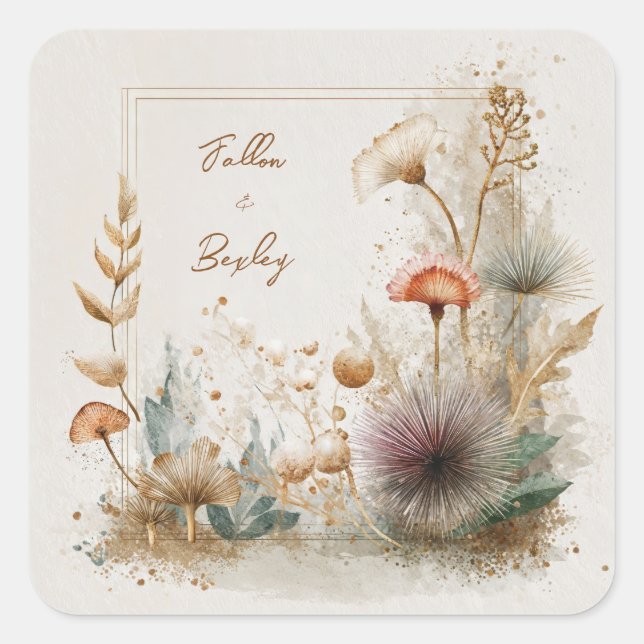 Whimsical Folk Art Floral Wedding  Square Sticker (Front)