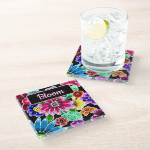 Whimsical Folk-Art Flowers Floral Personalised Glass Coaster