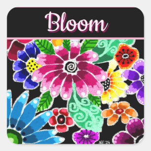 Whimsical Folk-Art Flowers Floral Personalised Square Sticker