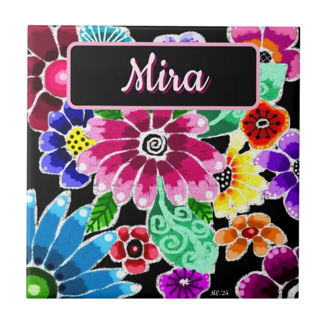 Whimsical Folk-Art Flowers Floral Personalised Tile (Front)