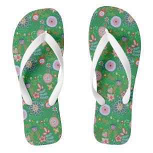 Whimsical Folk Art Flowers on Green Jandals