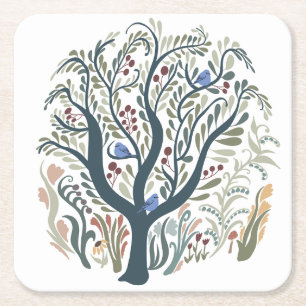 Whimsical Folk Art Forest Earth Tones Square Paper Coaster