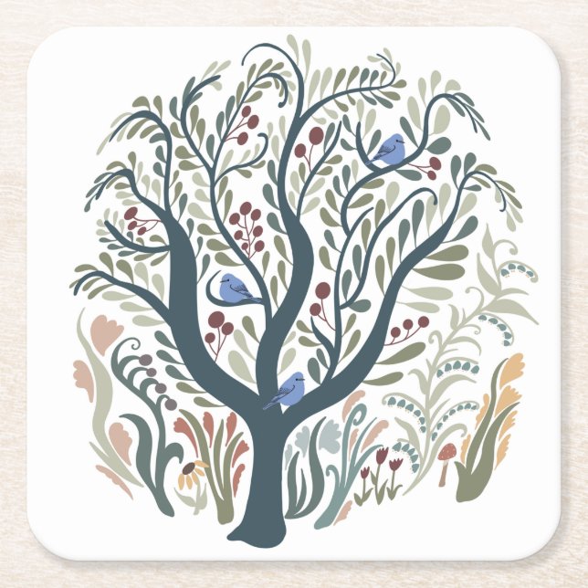 Whimsical Folk Art Forest Earth Tones Square Paper Coaster (Front)