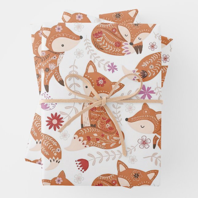 Whimsical Folk Art Fox and Flowers Wrapping Paper Sheet (In situ)