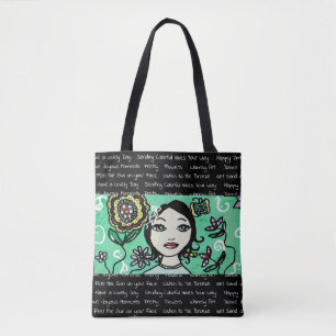 Whimsical Folk Art Girl and Flowers Tote Bag