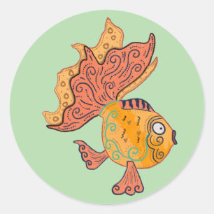 Whimsical Folk Art Goldfish   Boho Swirl Fantasy Classic Round Sticker
