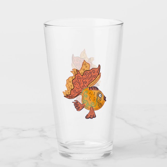 Whimsical Folk Art Goldfish | Boho Swirl Fantasy Glass (Front)