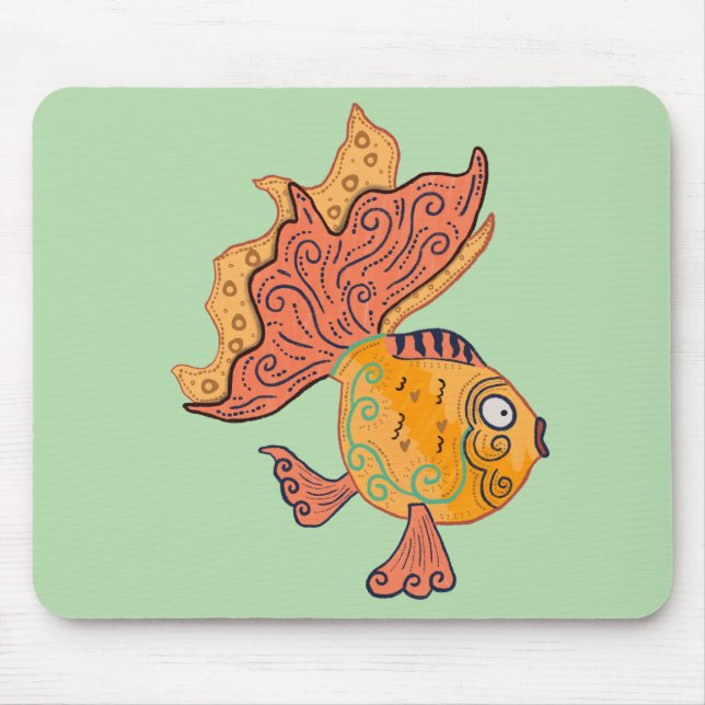 Whimsical Folk Art Goldfish | Boho Swirl Fantasy Mouse Pad (Front)