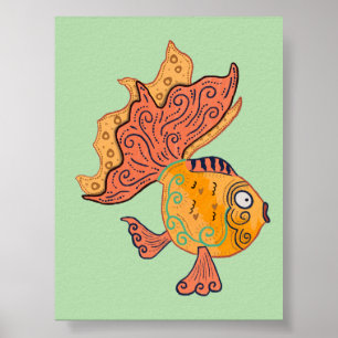 Whimsical Folk Art Goldfish   Boho Swirl Fantasy Poster