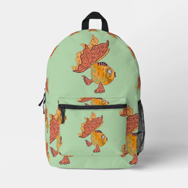 Whimsical Folk Art Goldfish | Boho Swirl Fantasy Printed Backpack (Front)