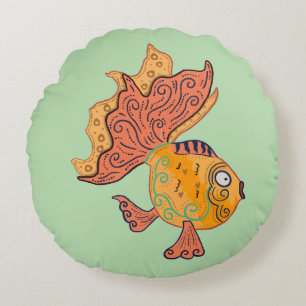 Whimsical Folk Art Goldfish Boho Swirl Fantasy Round Cushion
