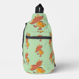 Whimsical Folk Art Goldfish Boho Swirl Fantasy Sling Bag