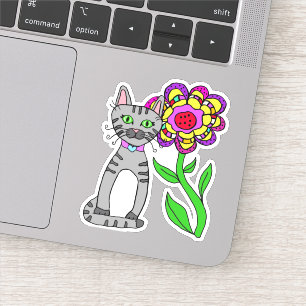 Whimsical Folk Art Grey  Cat and Colourful Flower