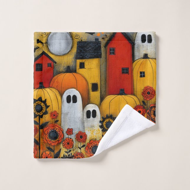 Whimsical Folk Art Halloween Patch Bath Towel Set (Wash Cloth)