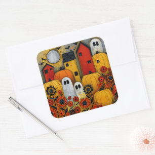 Whimsical Folk Art Halloween Patch Square Sticker