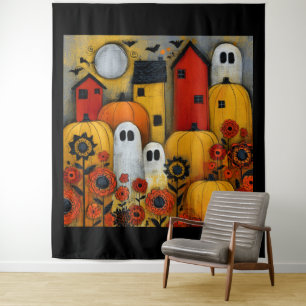 Whimsical Folk Art Halloween Patch Tapestry