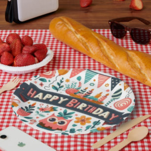 Whimsical Folk Art Happy Birthday Owl Floral Paper Plate