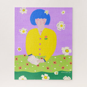 Whimsical Folk Art Reading Girl Colourful Jigsaw Puzzle