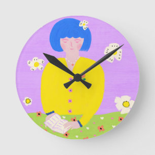 Whimsical Folk Art Reading Girl Colourful Round Clock