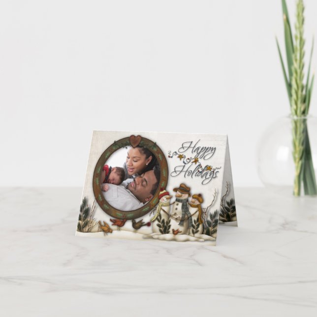 Whimsical Folk Art Snowmen Christmas Photo Card (Front)