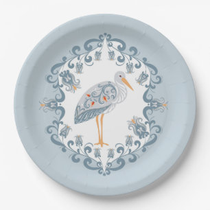 Whimsical Folk Art Stork Baby Shower Paper Plate