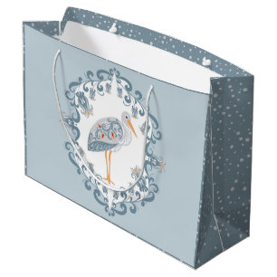 Whimsical Folk Art Stork   Large Baby Shower Gift Bag