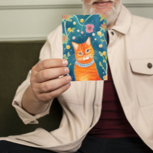 Whimsical Folk Art Tabby Cat Flat Card