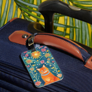 Whimsical Folk Art Tabby Cat Luggage Tag
