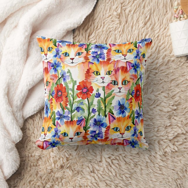 Whimsical Folk Art Watercolor Flowers and Cats Cushion (Blanket)