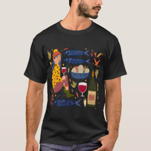 Whimsical Folk Art Woman with Red Wine and Sardine T-Shirt