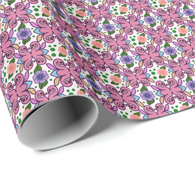 Whimsical Folk Bird Floral Pattern Wrapping Paper (Roll Corner)