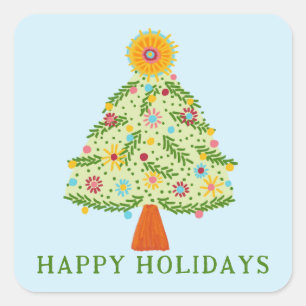 Whimsical Folk Christmas Tree CUSTOM Gift Square Sticker